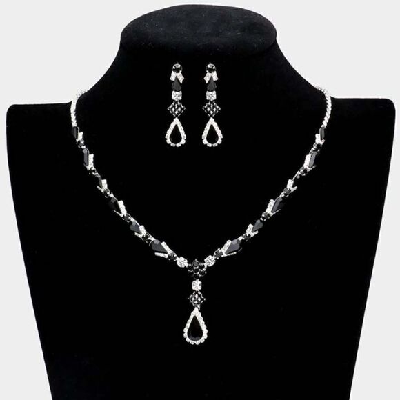 Black Teardrop Stone Detail Rhinestone Necklace Set - Picture 4 of 6